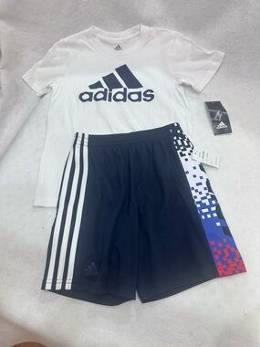 Boys Adidas White Tee and Navy Pixel Shorts